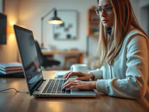 Kobieta pracująca przy laptopie w domowym biurze, skupiona na pisaniu dokumentu tekstowego.