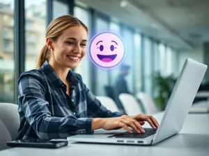 Kobieta wybierająca opcję z listy rozwijanej w arkuszu kalkulacyjnym na laptopie w nowoczesnym biurze.