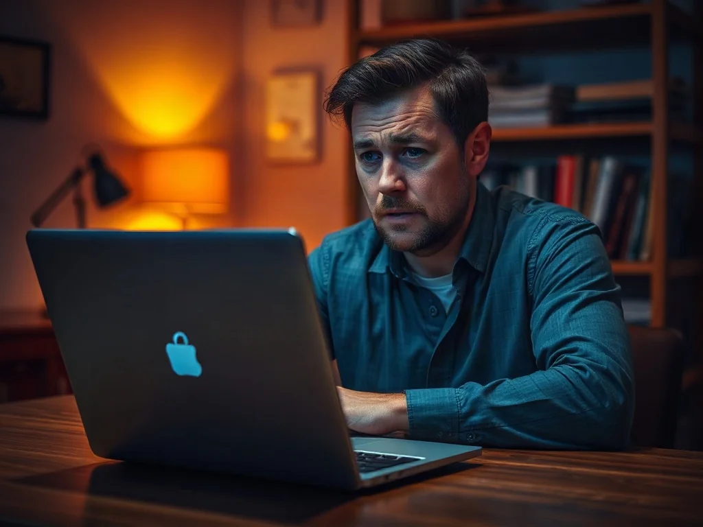 Zirytowany mężczyzna przed laptopem z widoczną ikoną braku połączenia z siecią Wi-Fi w domowym biurze.