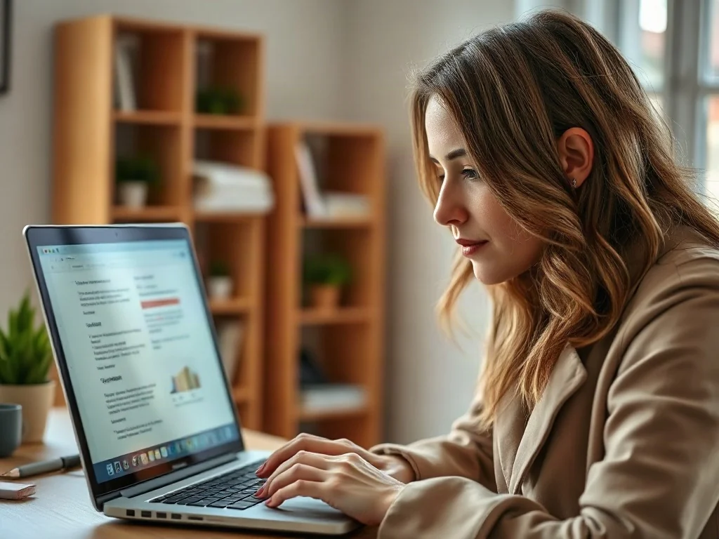 Kobieta pracująca przy laptopie, na którego ekranie widać dokument z przekreślonym tekstem.