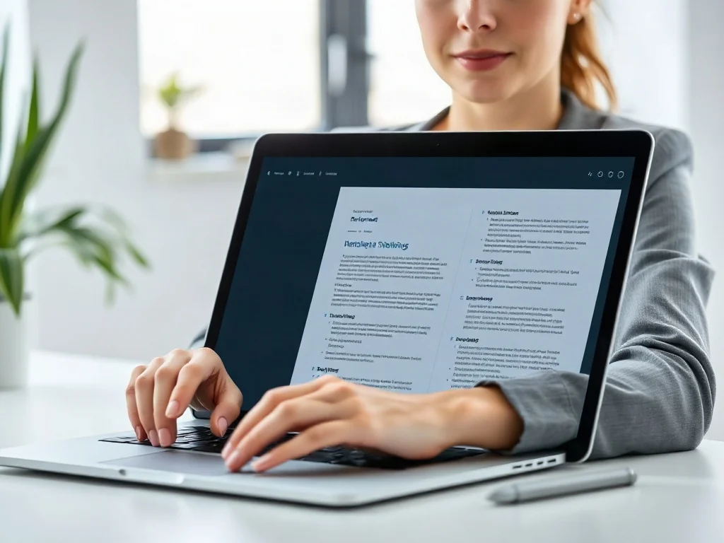 Kobieta pracująca na laptopie, na którego ekranie widać dokument z różnymi orientacjami stron w programie Word.
