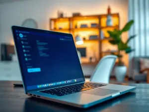 Mężczyzna przy biurku podłącza bezprzewodowy kontroler Xbox do laptopa w nowoczesnym pokoju gracza.