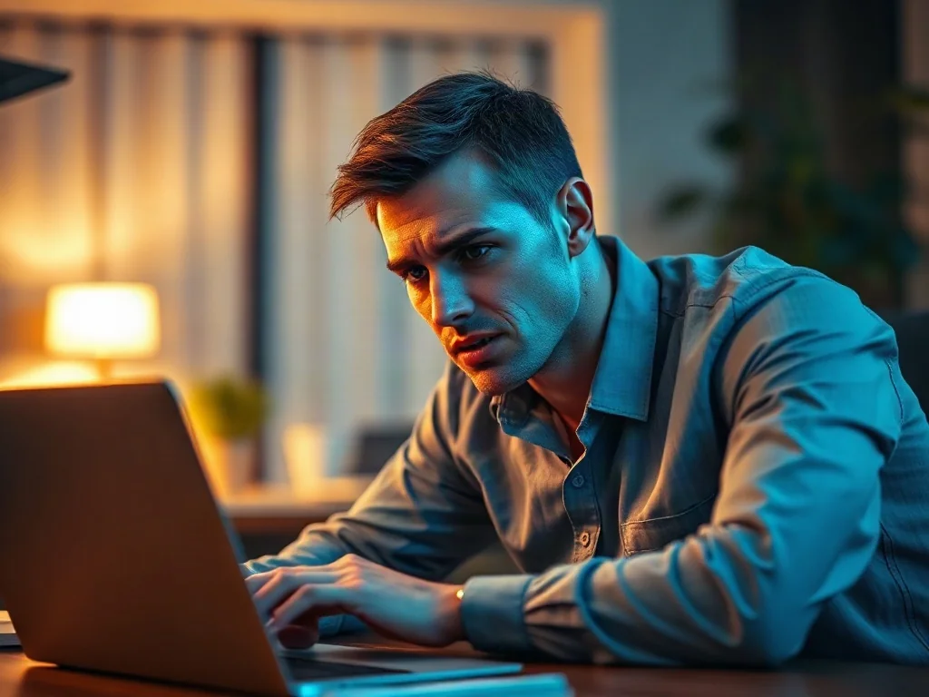 Zestresowany mężczyzna patrzący na ekran laptopa, wyrażający frustrację z powodu utraty niezapisanej pracy w programie Excel.