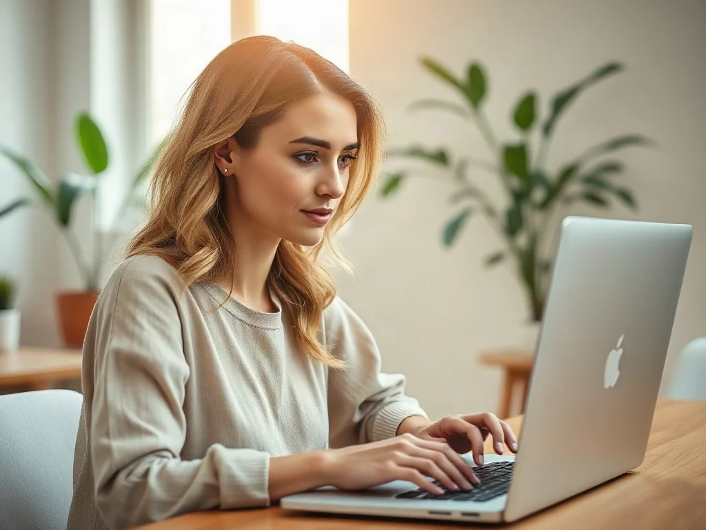 Kobieta pracująca na laptopie w jasnym biurze, edytująca dokument tekstowy w programie Word.