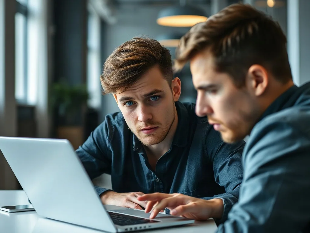 Zestresowany mężczyzna pracujący przy laptopie w nowoczesnym biurze, ilustrujący problem z wysłaną wiadomością e-mail.