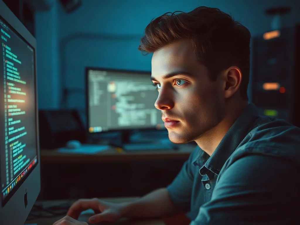 Młody mężczyzna w przyciemnionym pokoju skupiony na ekranie komputera z kodem terminala, w stylistyce cybernetycznej.