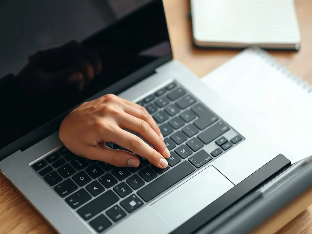 Dłonie spoczywające na klawiaturze nowoczesnego laptopa w jasnym biurowym wnętrzu.