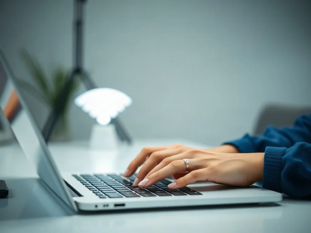 Kobieta wpisująca hasło na laptopie w nowoczesnym biurze, symbolizująca bezpieczne logowanie do sieci Wi-Fi.