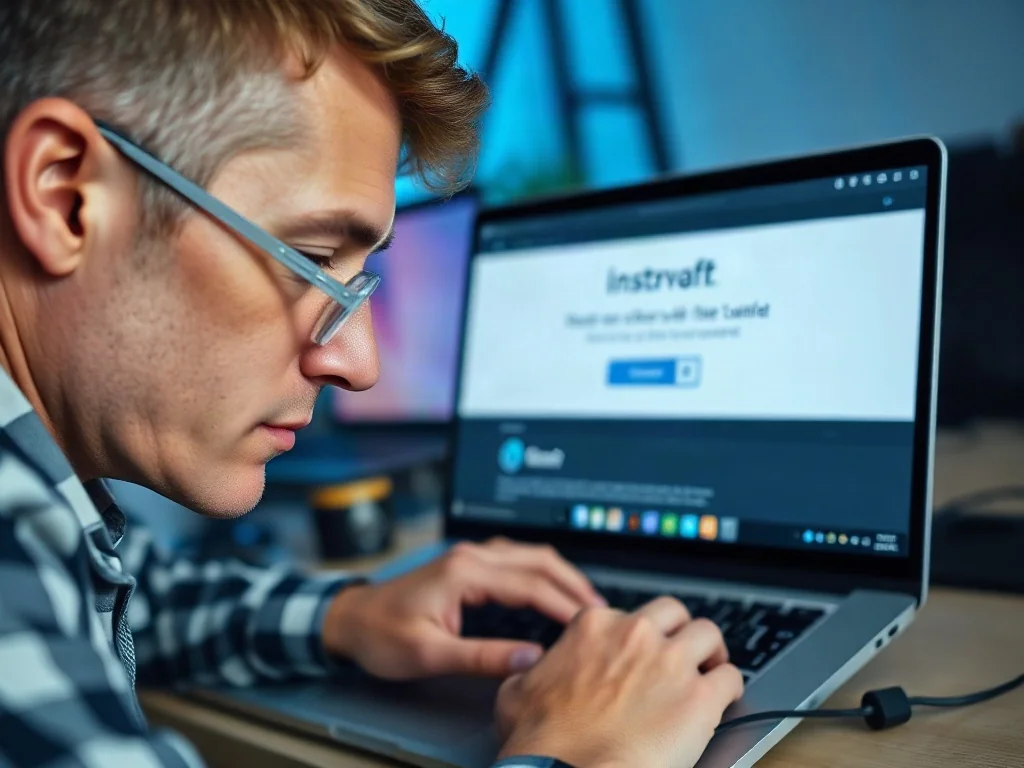 Mężczyzna instalujący system operacyjny na laptopie w nowoczesnym biurze.