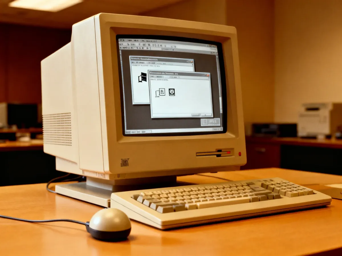 Zabytkowy komputer z monitorem CRT wyświetlającym środowisko Windows 2.0 z nakładającymi się oknami