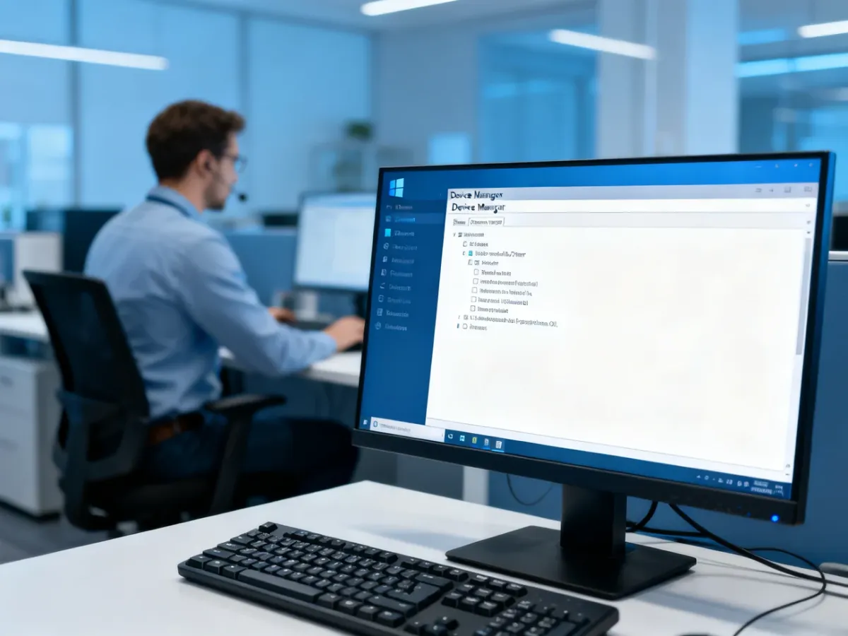 Technician troubleshooting a keyboard driver in Windows Device Manager