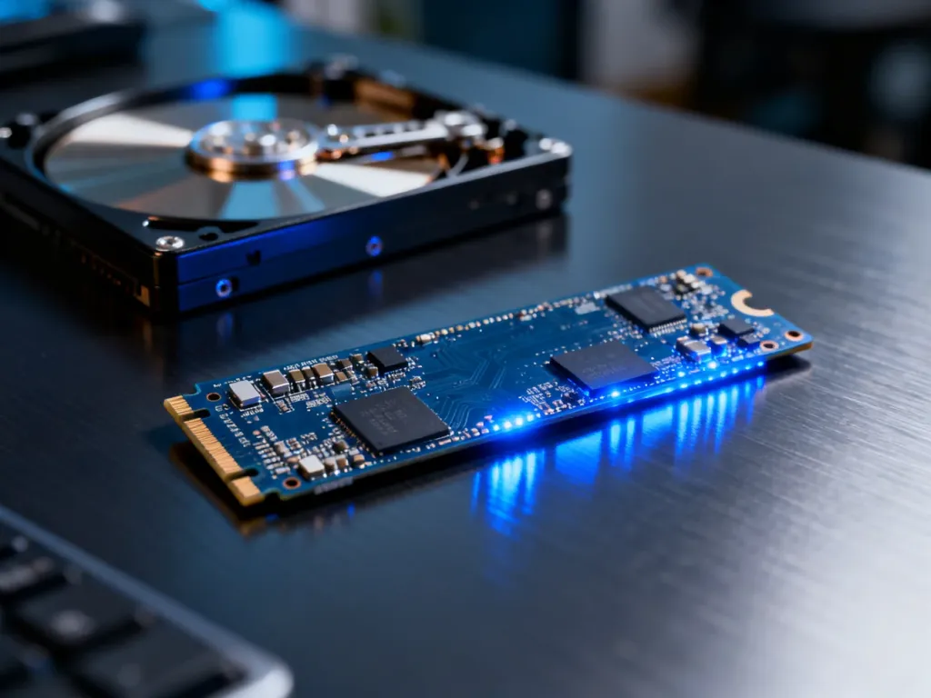 Nowoczesny dysk SSD na pierwszym planie z rozmytym dyskiem HDD w tle, podkreślający różnicę w technologii przechowywania danych.