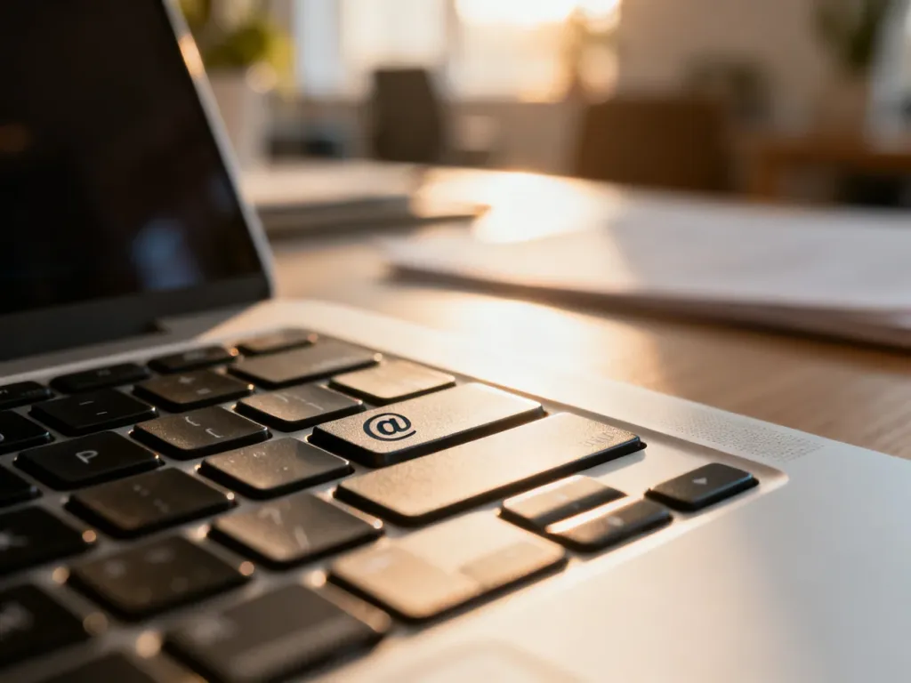 Zbliżenie na klawiaturę laptopa z wyeksponowanym klawiszem służącym do wpisywania znaku małpy (@).