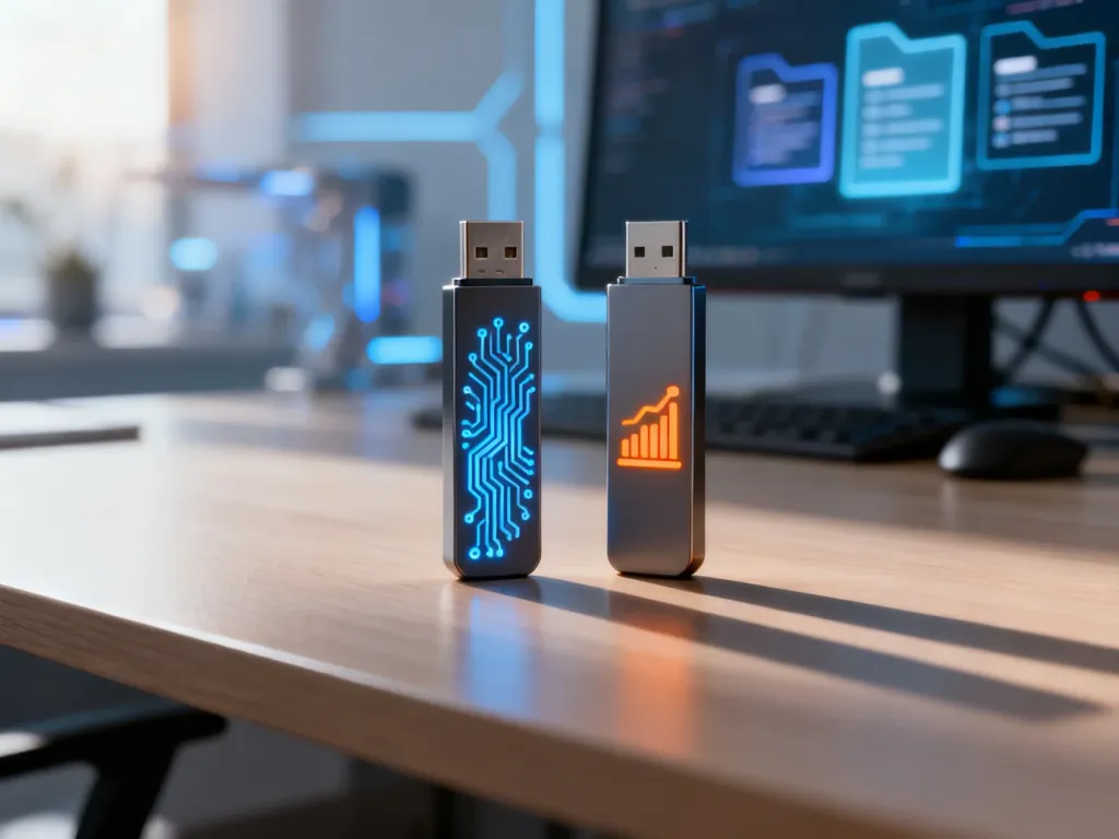 Dwa nowoczesne pendrive'y na biurku, symbolizujące wybór między różnymi systemami plików dla pamięci przenośnej.