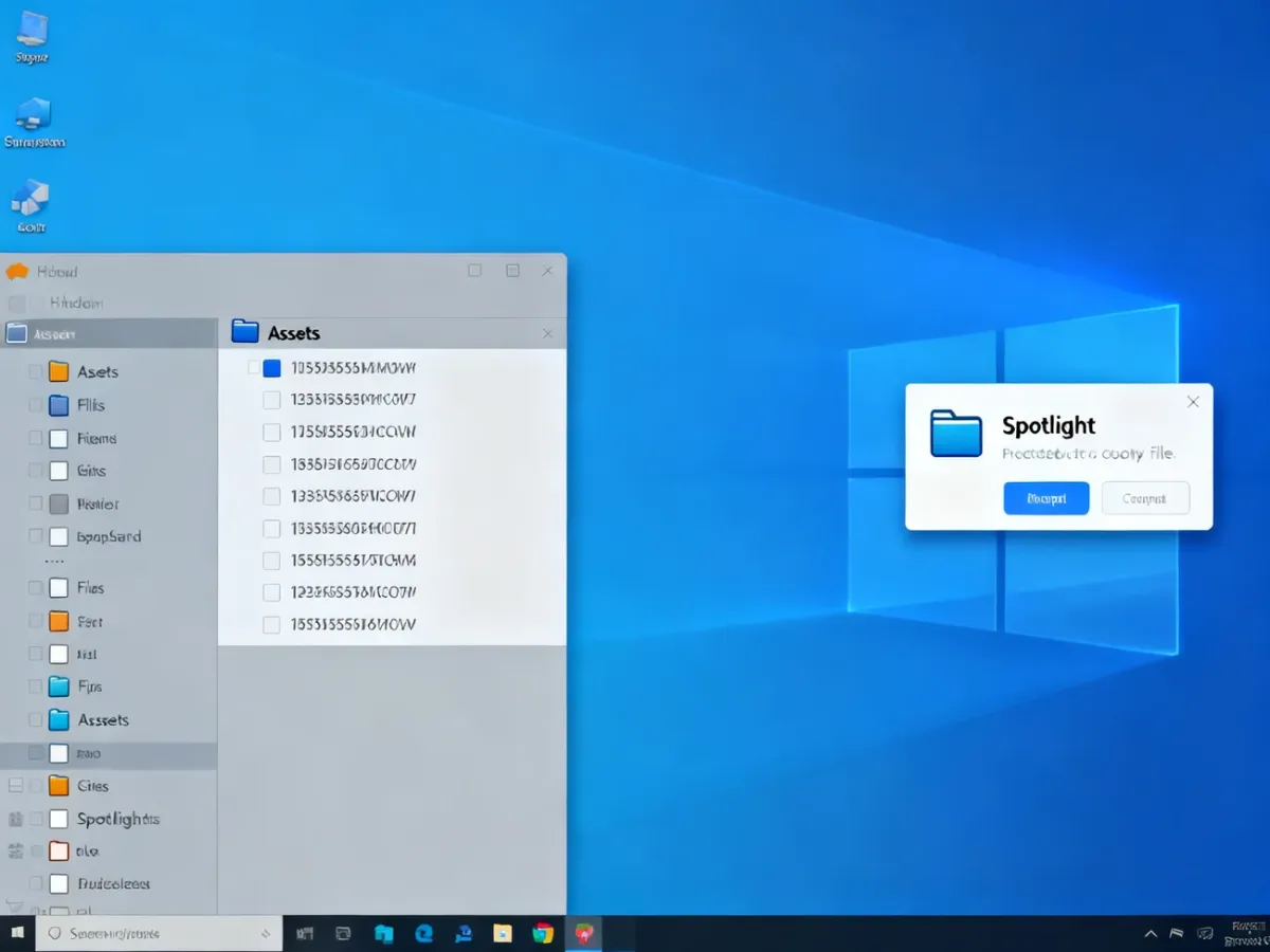 Folder Assets z plikami bez rozszerzeń i osobny folder Spotlight na pulpicie