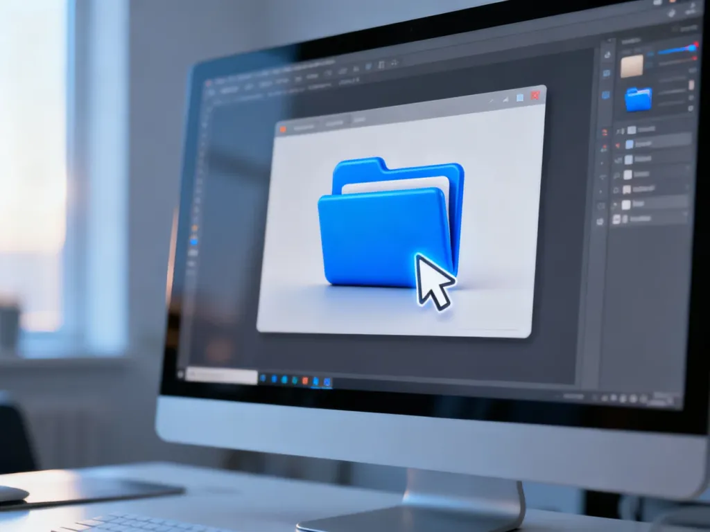Kursor wybiera trójwymiarową ikonę folderu na ekranie komputera, ilustrując proces personalizacji wyglądu plików w Windows.