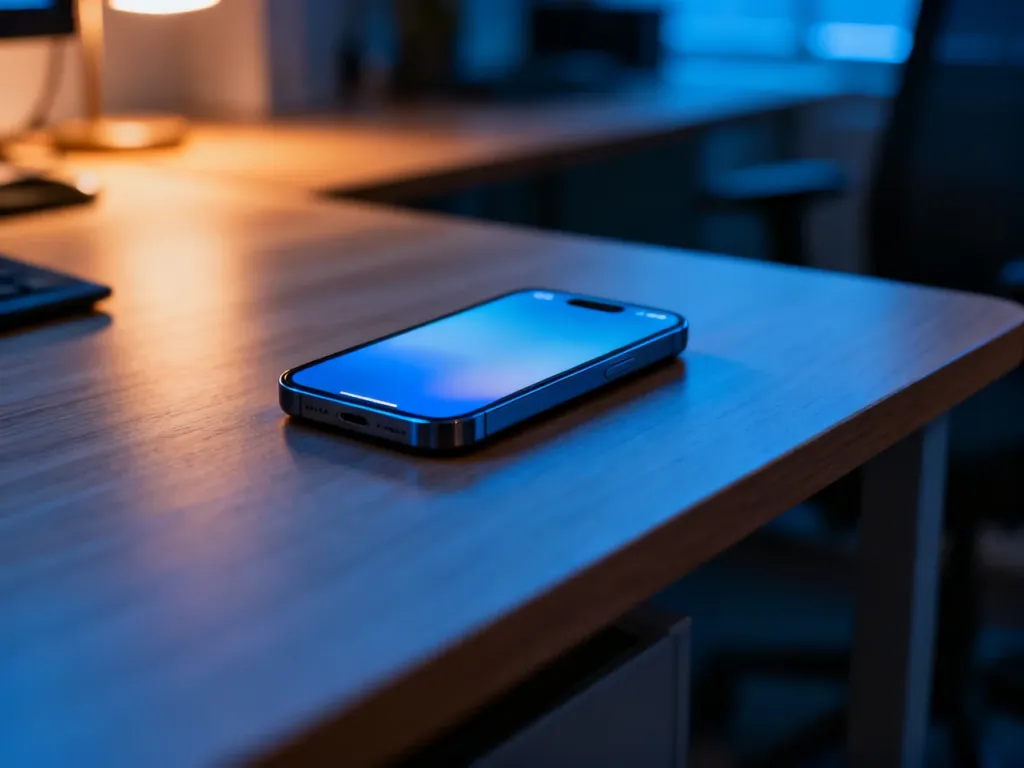 iPhone leżący na drewnianym biurku z pustym ekranem głównym, co symbolizuje ukrycie zainstalowanych aplikacji.