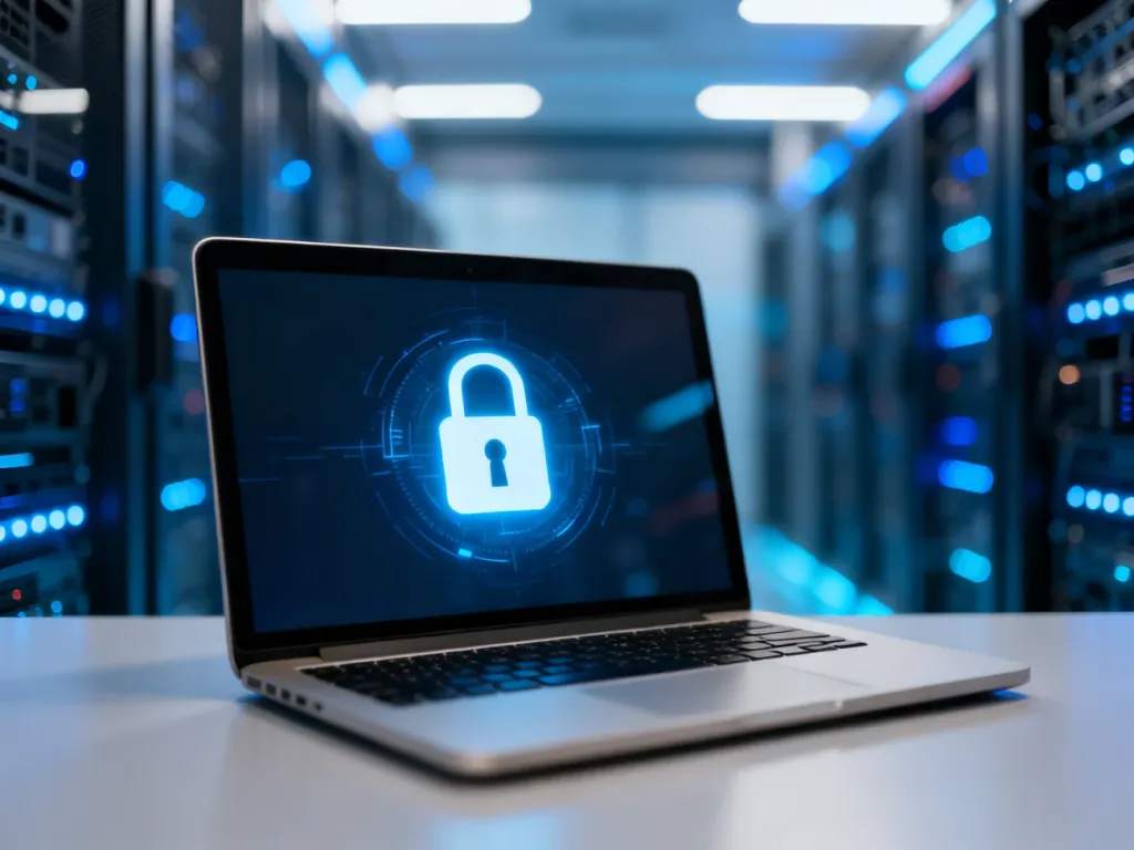 Świecąca ikona kłódki na ekranie laptopa, symbolizująca bezpieczeństwo danych i szyfrowanie BitLocker.