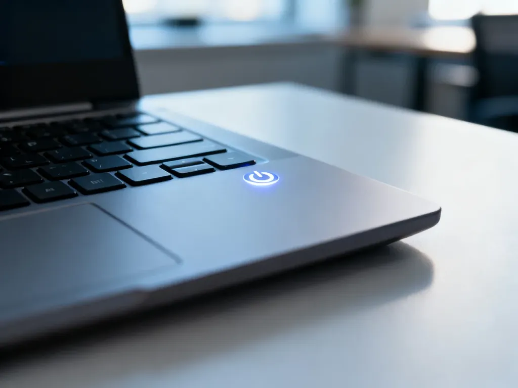 Nowoczesny laptop z podświetlanym przyciskiem zasilania na tle minimalistycznego biurka w świetle poranka.