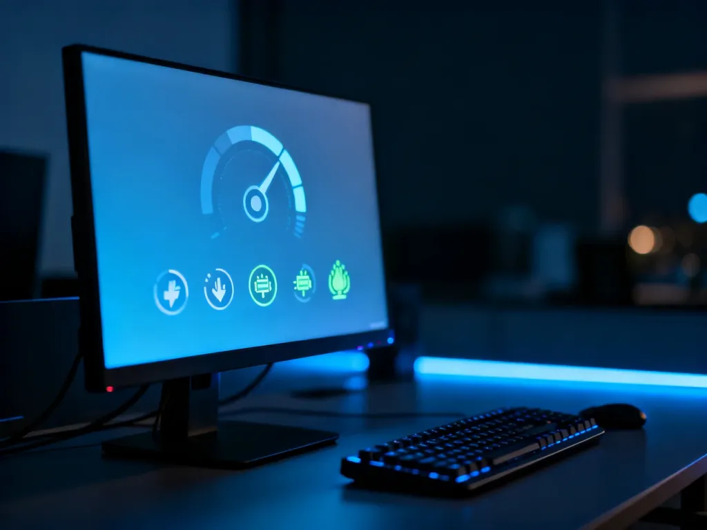 Nowoczesne stanowisko komputerowe z podświetlanym monitorem wyświetlającym ikony wydajności i oszczędzania energii.