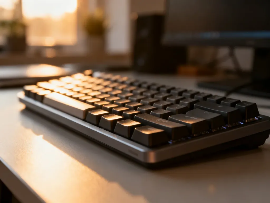 Nowoczesna klawiatura mechaniczna na biurku w świetle zachodzącego słońca, gotowa do pracy z systemem Windows 11.
