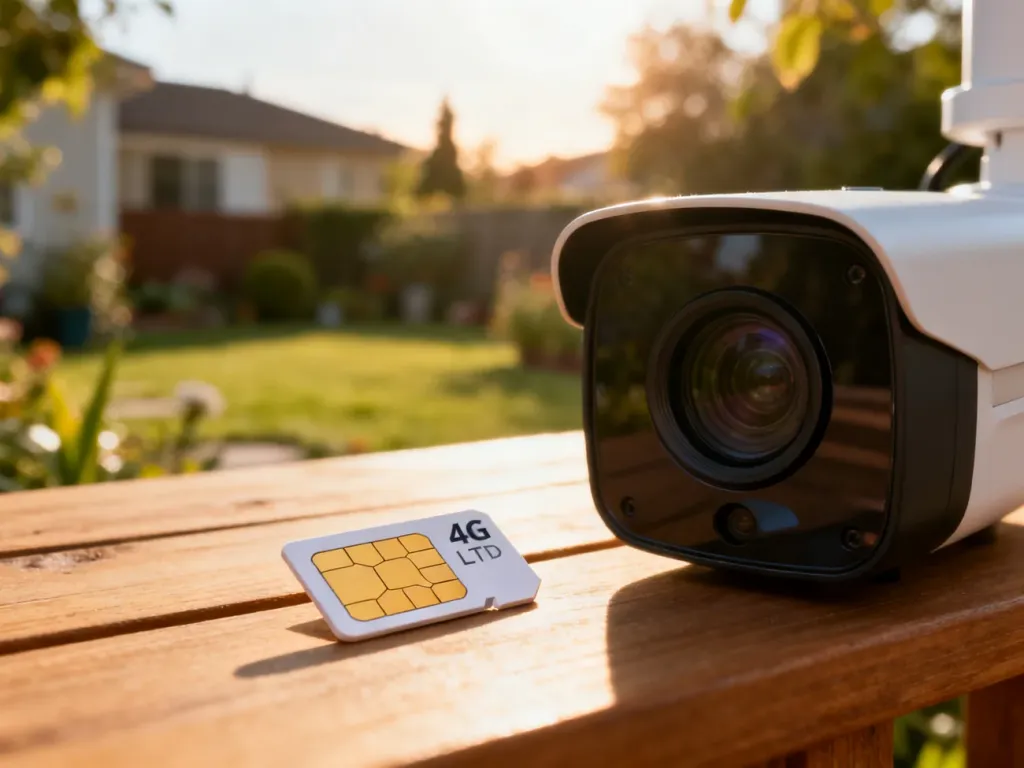 Karta SIM 4G LTE leżąca obok obiektywu kamery monitoringu na tle przydomowego ogrodu.