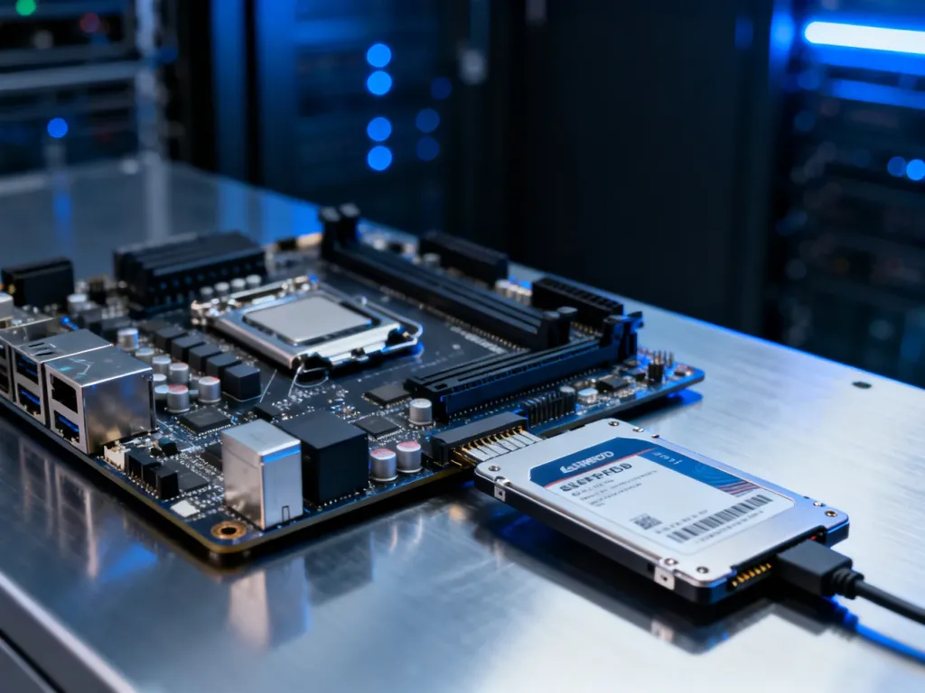 Szczegółowe zbliżenie na montaż dysku SSD do płyty głównej, symbolizujące proces integracji sterowników z systemem.