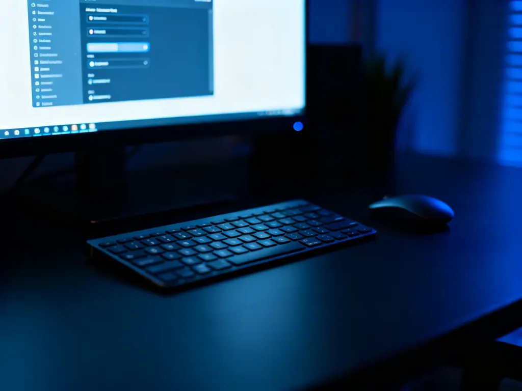 Nowoczesne stanowisko komputerowe z widocznym menu ustawień systemu, symbolizujące proces zarządzania dostępem w Windows 10.