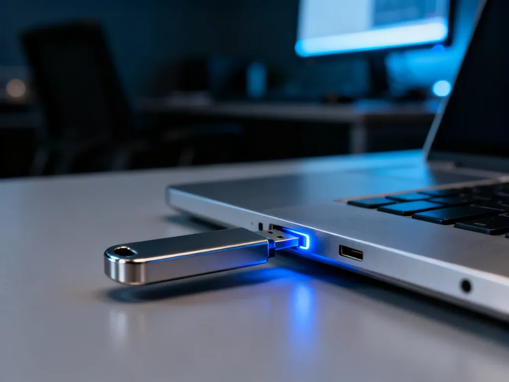 Pendrive wpięty do portu USB nowoczesnego laptopa, gotowy do zabezpieczenia danych za pomocą funkcji BitLocker.