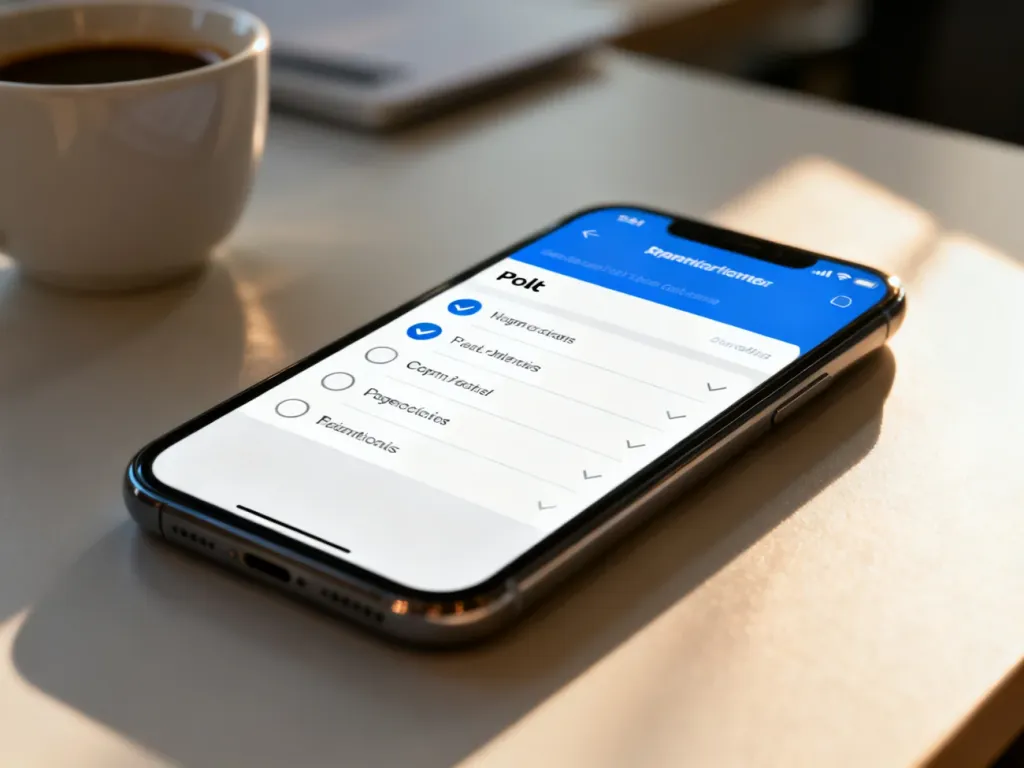 Smartfon z wyświetlonym interfejsem ankiety na tle biurka, ilustrujący proces tworzenia sondy w aplikacji WhatsApp.
