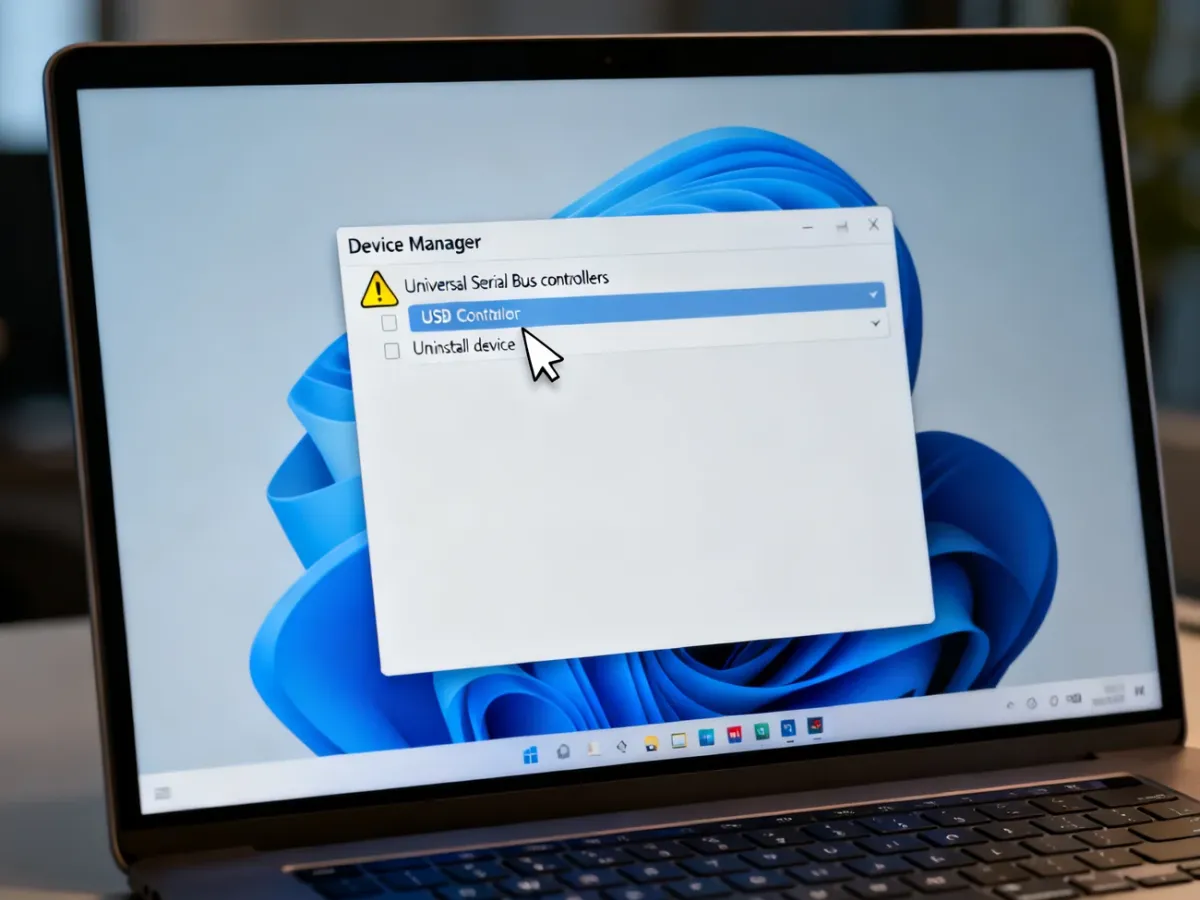 Menedżer urządzeń z kontrolerem USB oznaczonym żółtym wykrzyknikiem