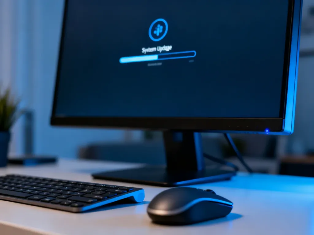 Nowoczesny monitor z paskiem postępu aktualizacji systemu Windows w minimalistycznym biurze.