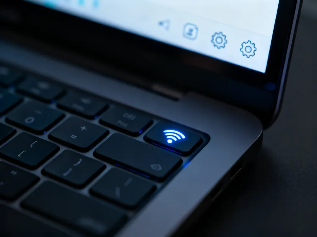 Podświetlony klawisz z ikoną łączności bezprzewodowej na klawiaturze laptopa, symbolizujący ustawienia Bluetooth.