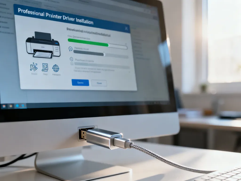 Ekran komputera z widocznym procesem instalacji sterownika drukarki oraz podłączony kabel USB.