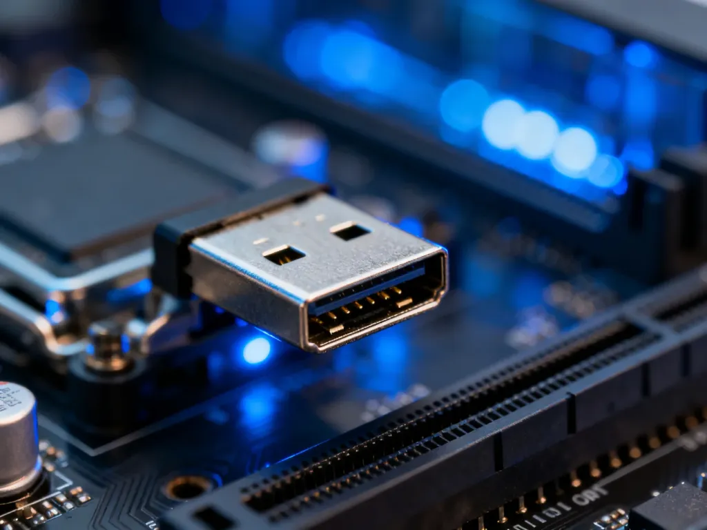 Zbliżenie na port USB na płycie głównej komputera w niebieskim oświetleniu, podkreślające techniczny charakter sprzętu.