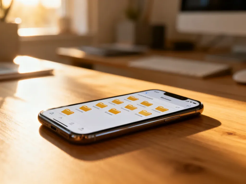 Nowoczesny smartfon z otwartym menedżerem plików na drewnianym biurku, ilustrujący proces wyszukiwania pobranych danych.