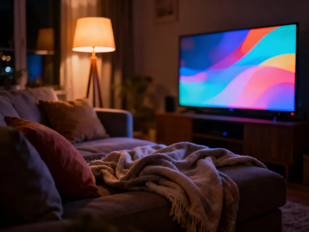 Przytulny salon z wygodną sofą, kocami i włączonym telewizorem, tworzący nastrojową atmosferę do wieczornego relaksu.