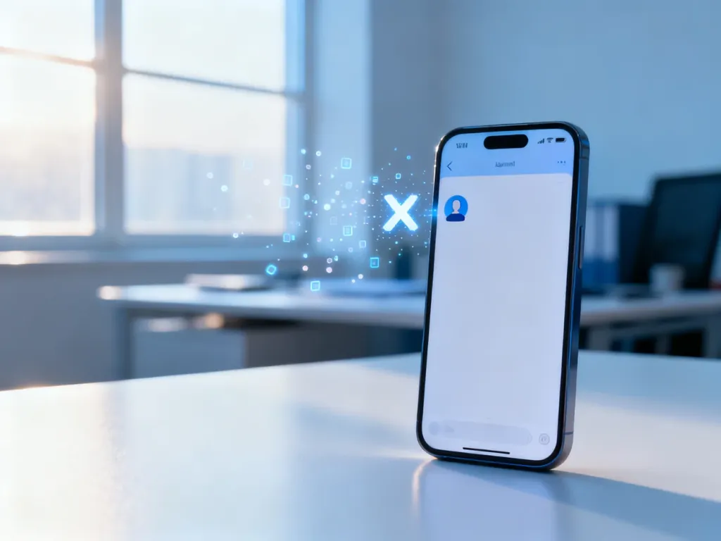 Smartfon z interfejsem czatu, na którym usuwany jest kontakt, symbolizujący proces usuwania osób z Messengera.
