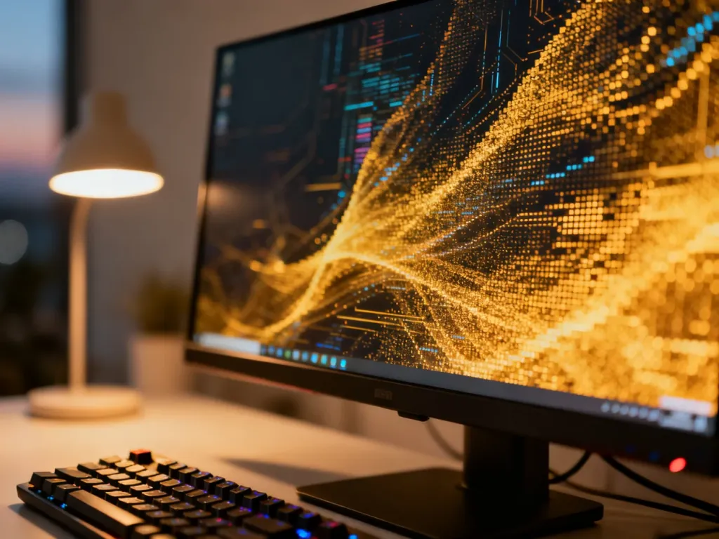 Monitor komputera z kolorową, abstrakcyjną tapetą cyfrową w minimalistycznym biurze domowym.