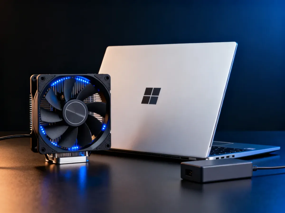 Laptop z akcesoriami do zarządzania wydajnością i zasilaniem