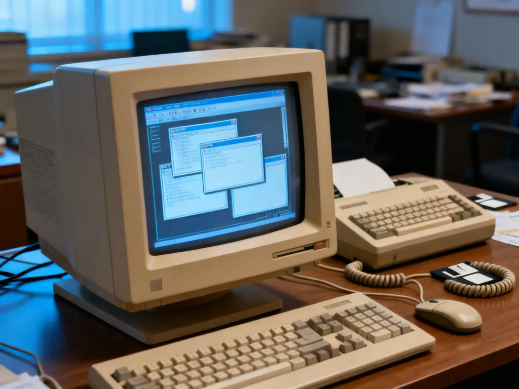 Stanowisko komputerowe z lat 80. z monitorem CRT wyświetlającym wczesny graficzny interfejs systemu Windows.