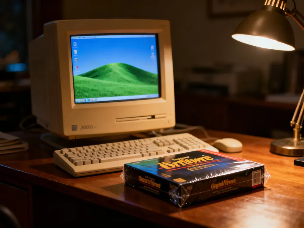 Zestaw komputerowy z epoki Windows XP z monitorem CRT i oryginalnym pudełkiem z oprogramowaniem na biurku.