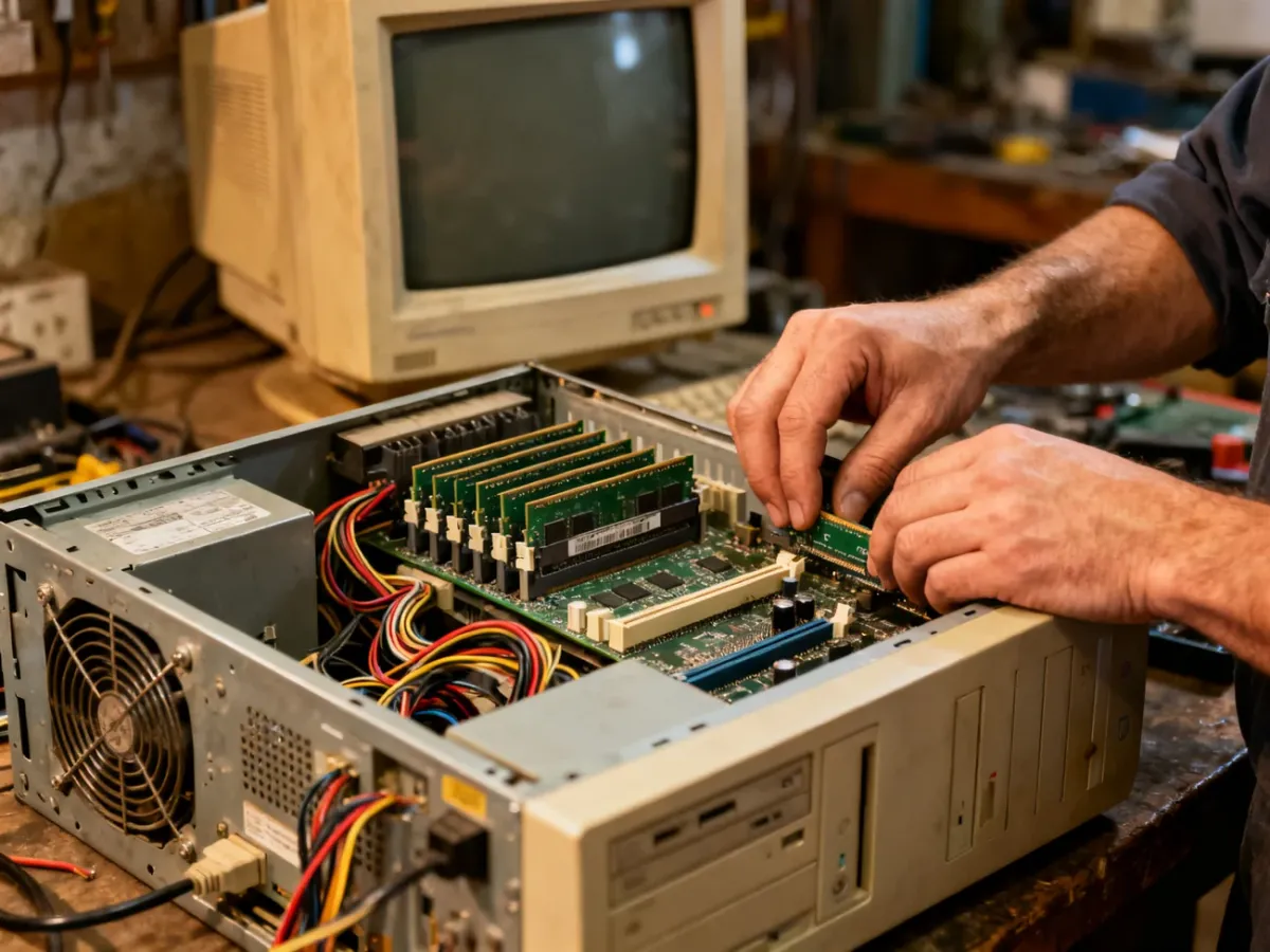 Technik diagnozujący i naprawiający stary komputer