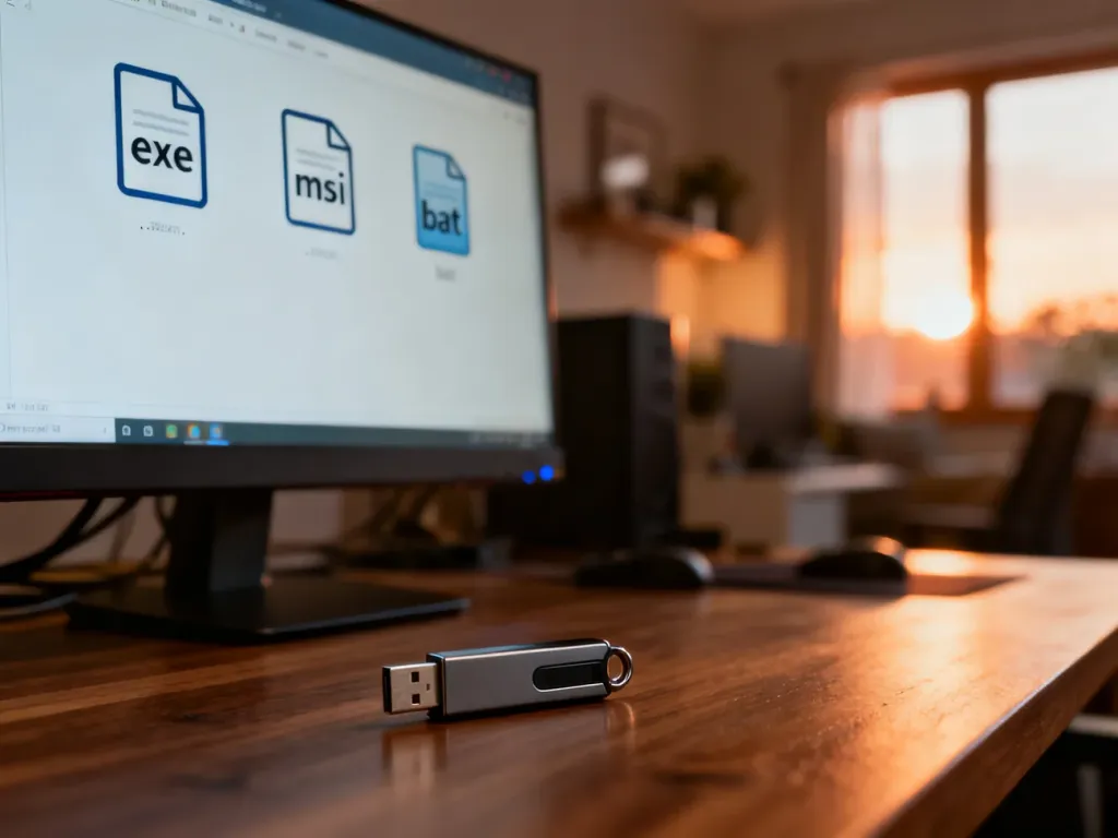 Ikony plików instalacyjnych .exe, .msi i .bat na ekranie komputera oraz pendrive na biurku.