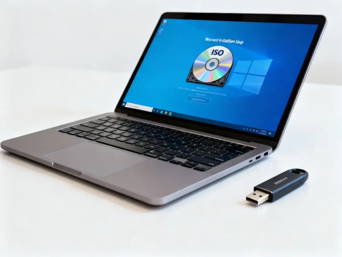 Laptop, obraz ISO i pendrive symbolizujące pliki instalacyjne Windows
