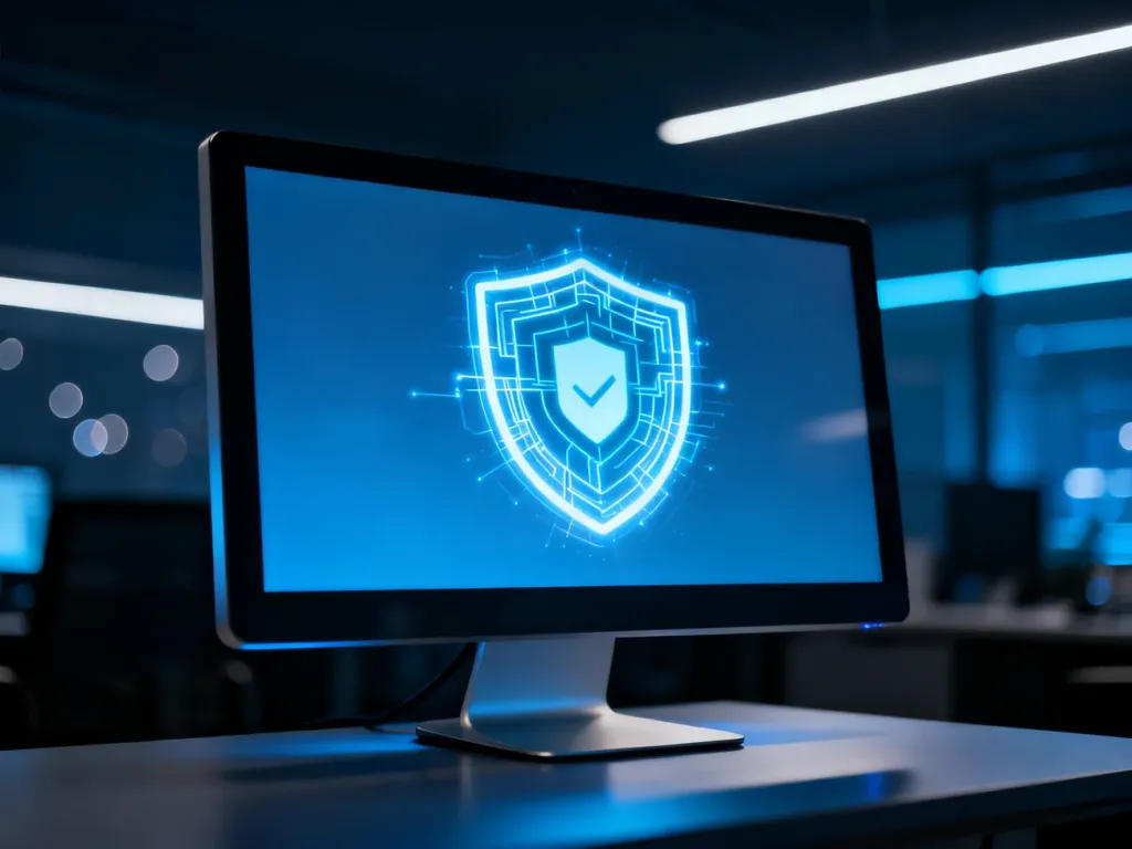 Ikona cyfrowej tarczy na ekranie monitora, symbolizująca bezpieczeństwo i ochronę systemu Windows.