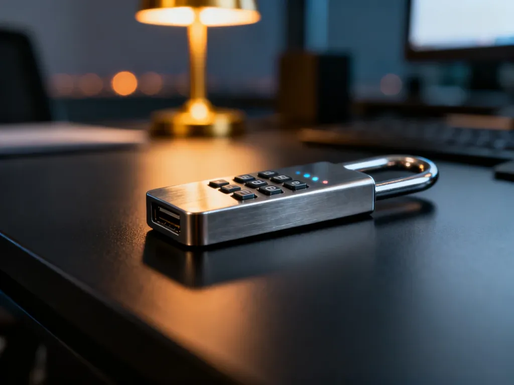 Metalowy pendrive z fizyczną klawiaturą do szyfrowania danych leżący na nowoczesnym biurku w wieczornym oświetleniu.