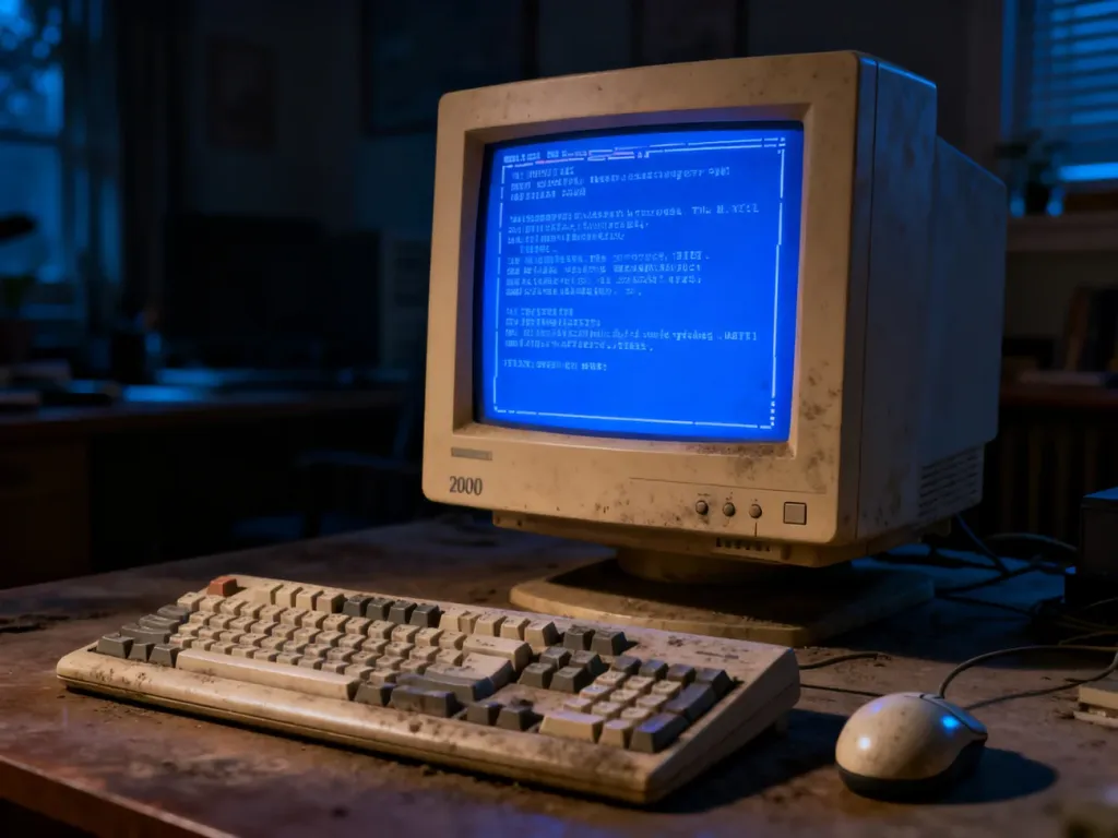 Retro komputer z lat 2000. z monitorem CRT wyświetlającym niebieski ekran błędu systemu Windows.