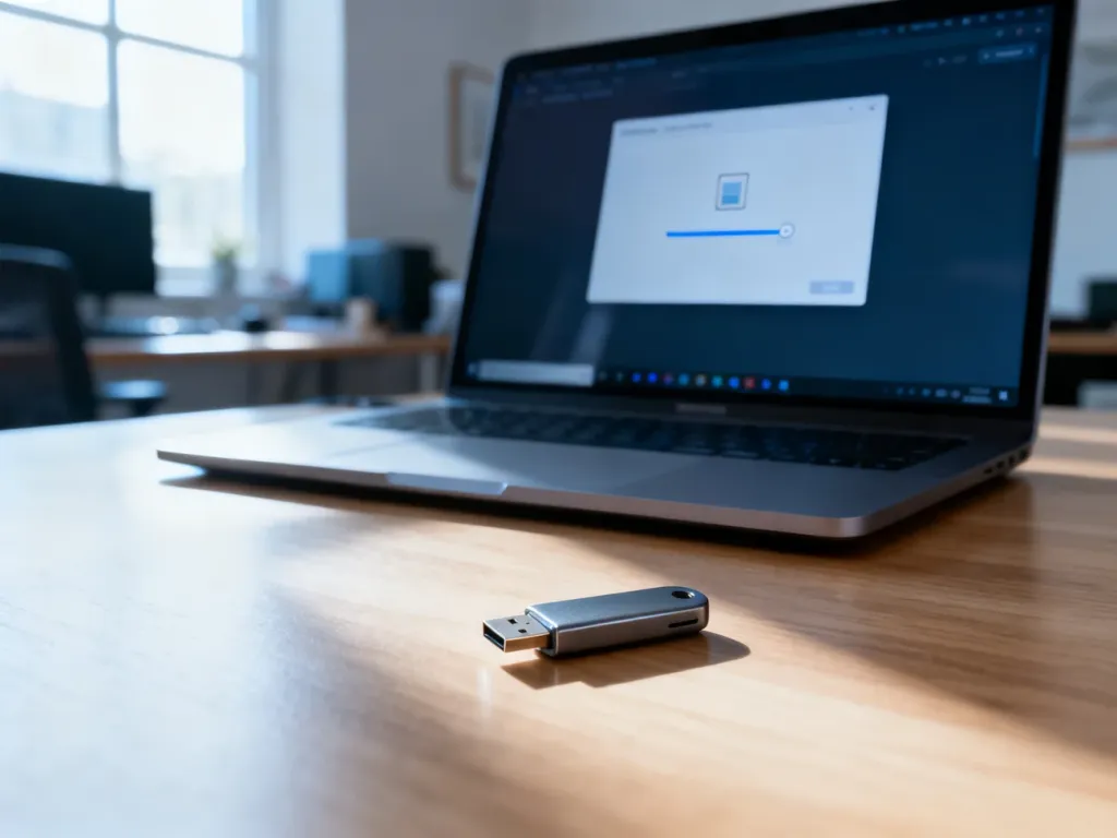 Nowoczesny laptop z paskiem postępu pobierania pliku oraz pendrive na biurku, symbolizujące proces tworzenia nośnika ISO.