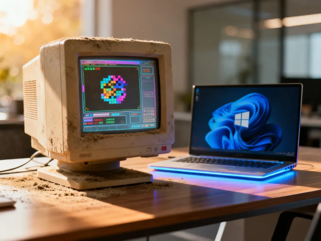 Stary monitor z retro interfejsem obok nowoczesnego laptopa z Windows 11, symbolizujący łączenie starej i nowej technologii.